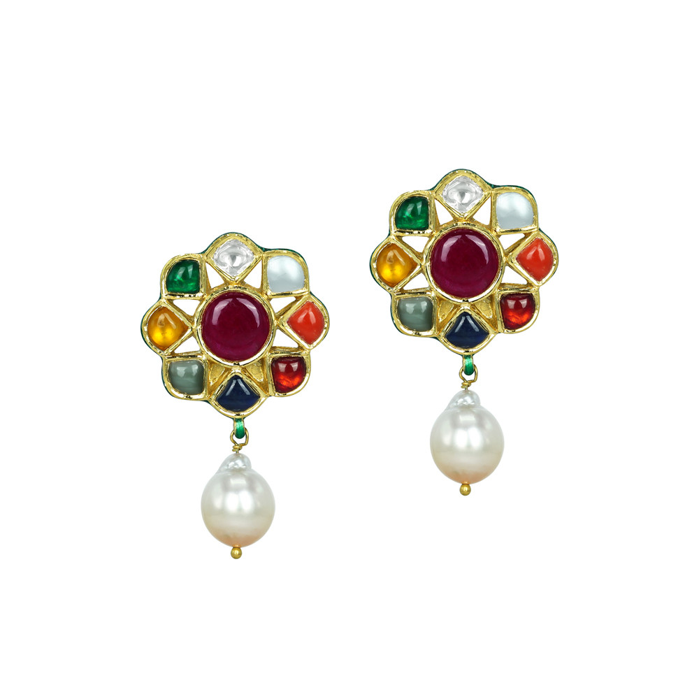 Navaratna Earrings with Ruby Center and Pearl Drop